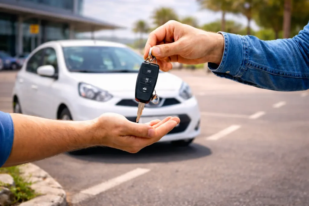 Handing over car keys during car rental with vehicle in background