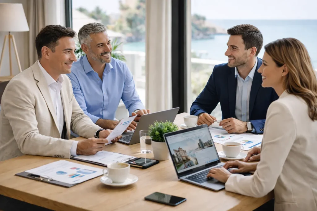 Travel professionals in a business meeting discussing travel services in Halkidiki
