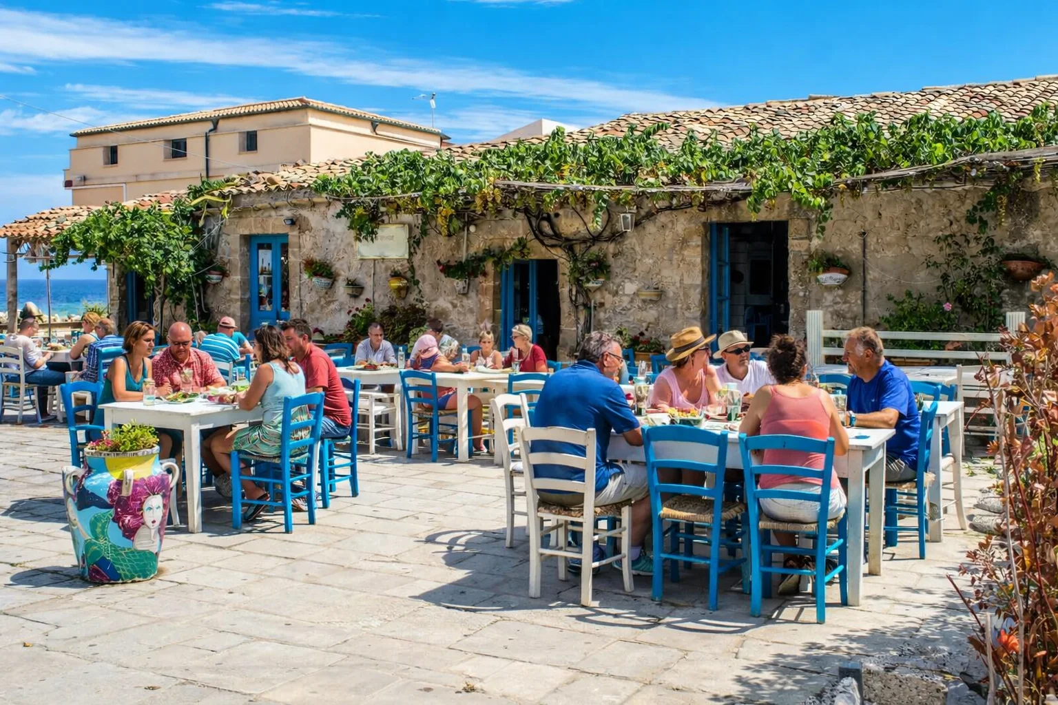 Traditional Greek taverna with people enjoying food at seaside tables with blue chairs and rustic stone buildings
