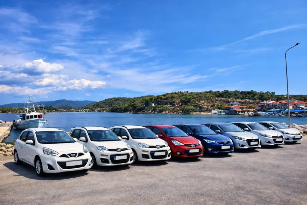 Fleet of 10 rental cars parked by the sea in Neos Marmaras, Halkidiki