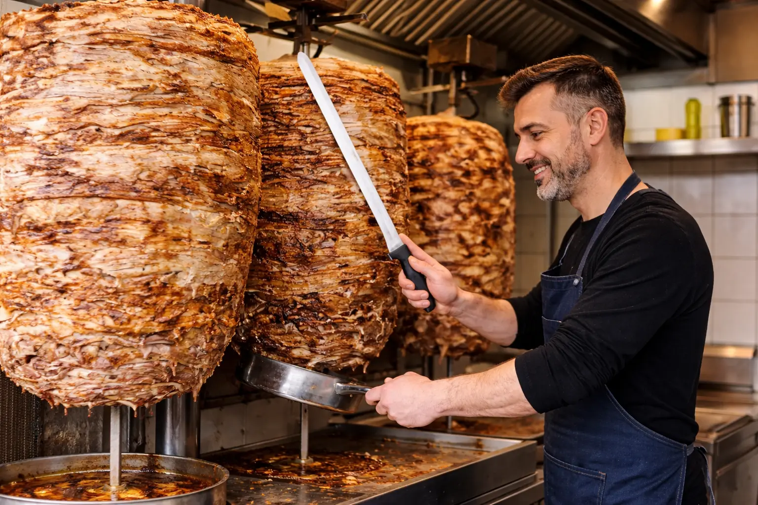 Greek chef cutting gyros meat in a traditional street food shop