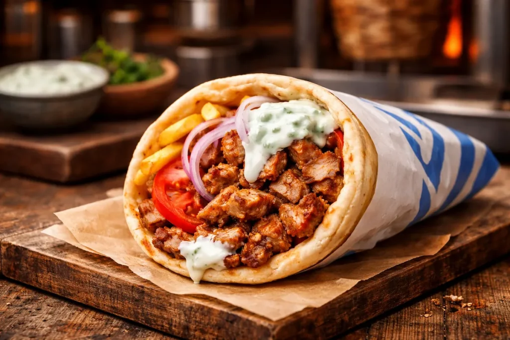 Greek gyros pita with fries, tzatziki, tomatoes and onions on wooden board
